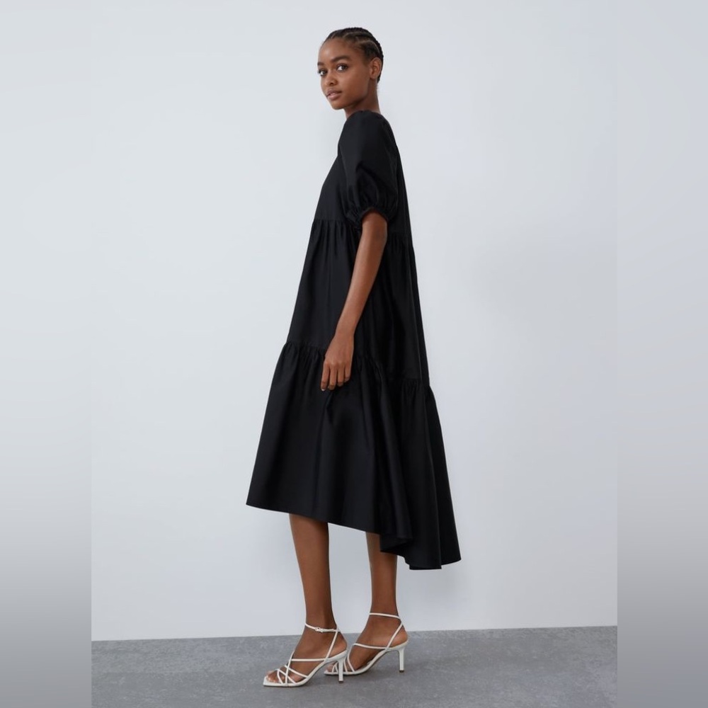Zara Puff Sleeve Black Tiered Midi Dress